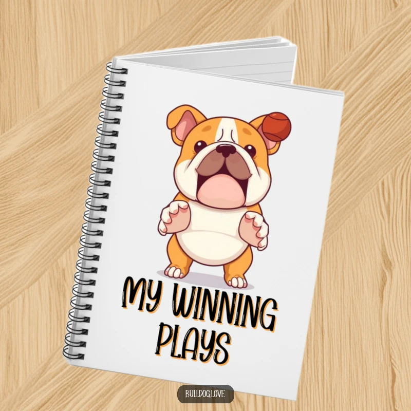 Funny bulldog notebook, lined pages, showing a dog with paws outstretched, ready to catch a ball.