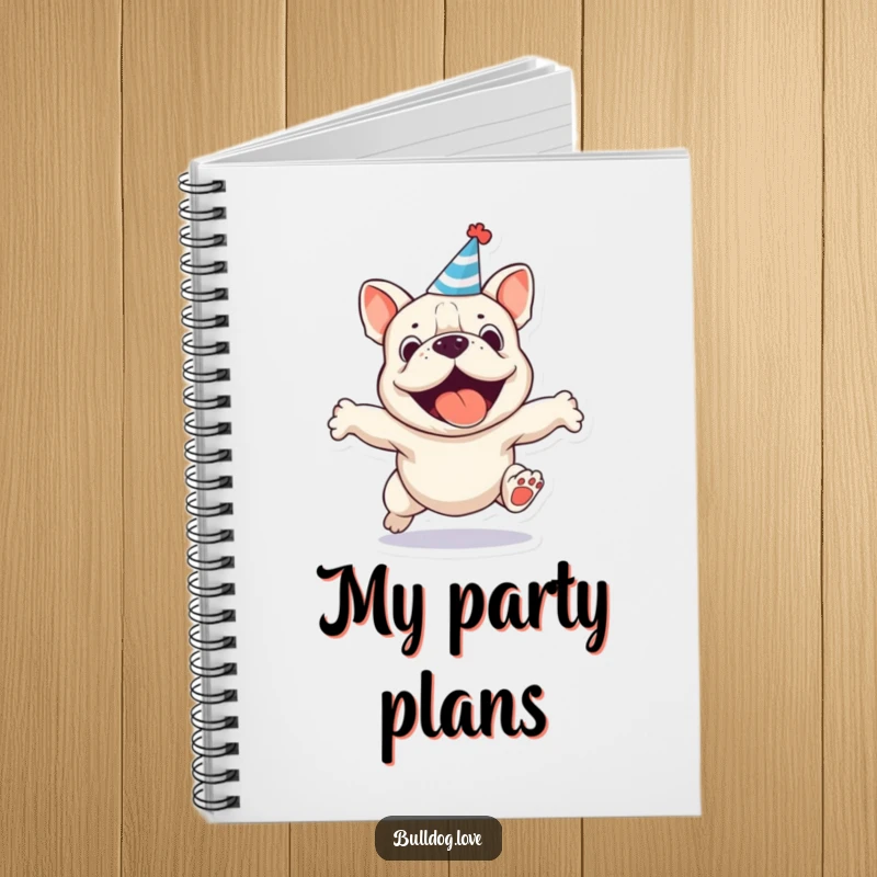 Funny party bulldog notebook, lined pages, showing an excited dog in a party hat, mid-jump.