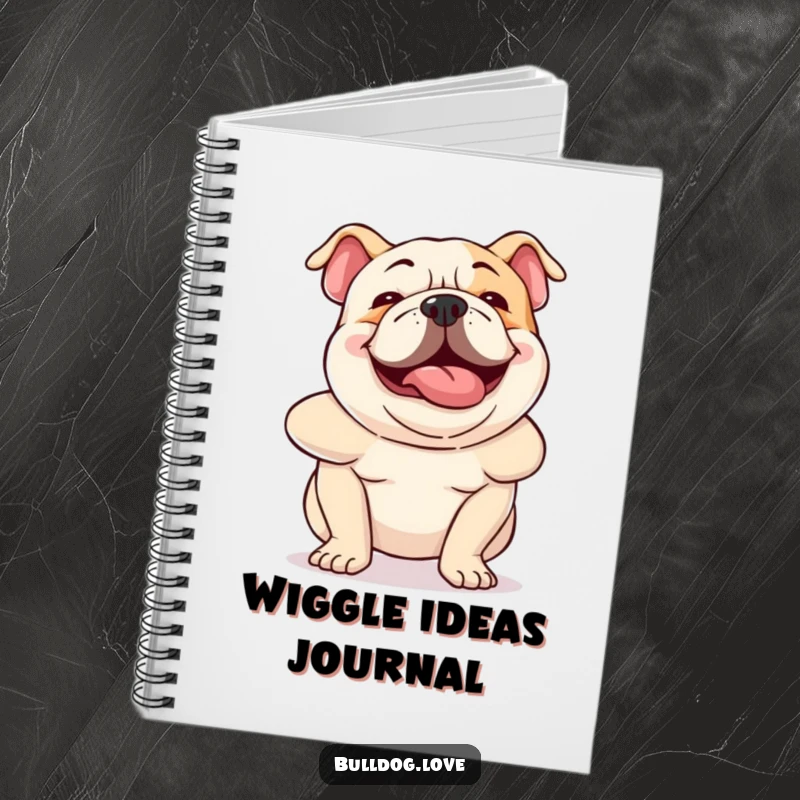 Funny bulldog notebook showing a dog wiggling its body with hilarious, boundless excitement, perfect for jotting down notes.