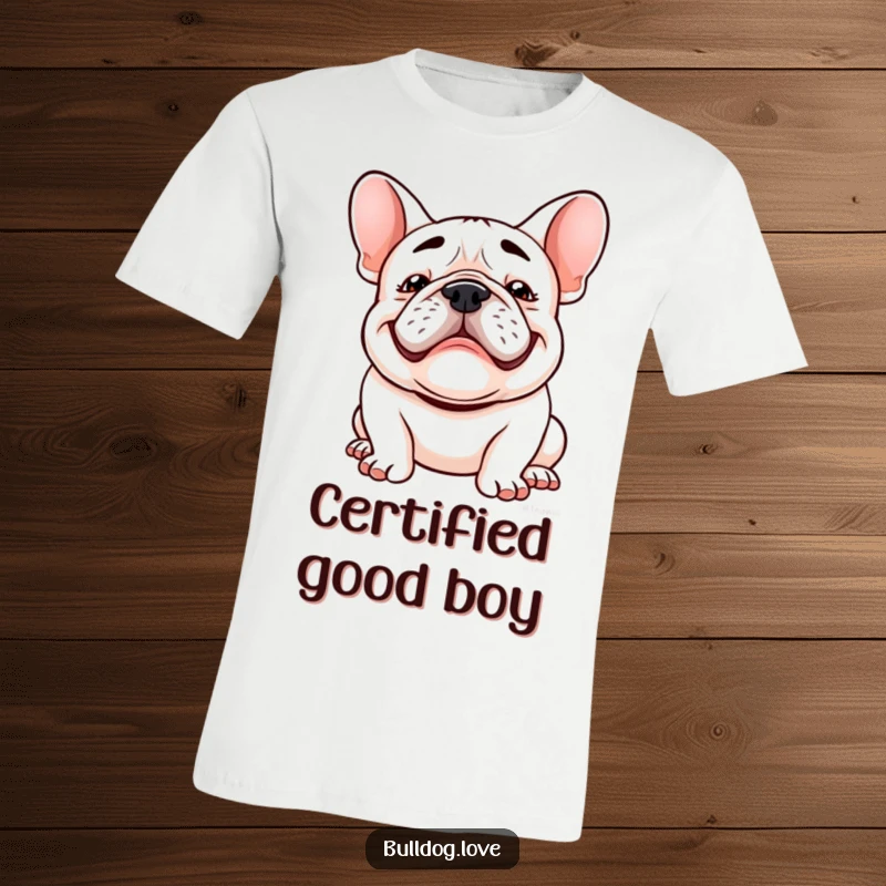 Funny Kawaii bulldog t-shirt featuring a happy dog with a goofy grin and floppy ears bouncing with excitement.