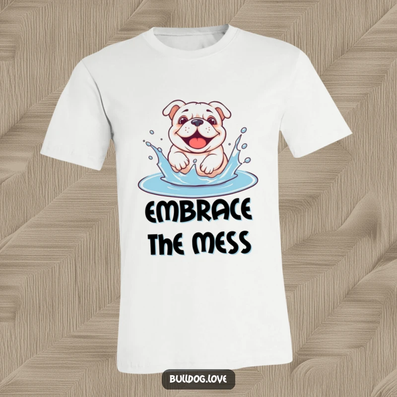 Funny bulldog t-shirt depicting a dog joyfully splashing with abandon in a puddle, capturing wild, happy energy.