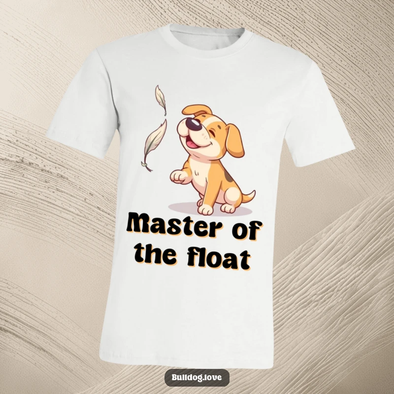 Funny Broad Snout Dog T-Shirt: Dog with a broad snout reaching playfully to catch a feather drifting in the air.