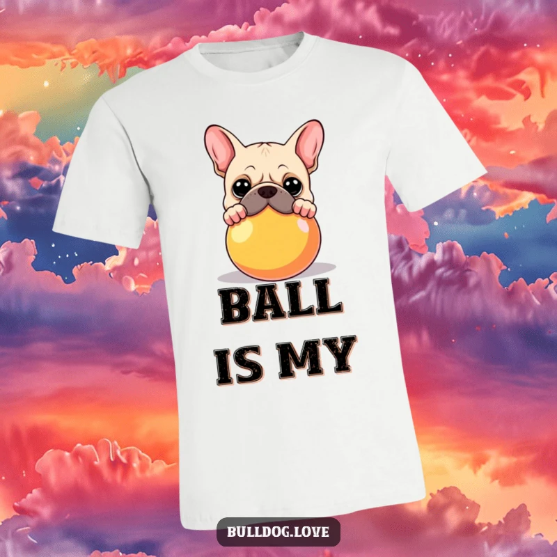 Funny Bulldog T-Shirt: A curious bulldog peeking over a large, colorful ball, inviting play. Perfect funny gift.