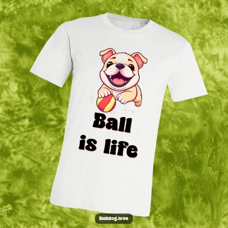 Funny bulldog pup t-shirt, showing a joyful dog with a massive grin, mid-chase after a colorful bouncy ball.