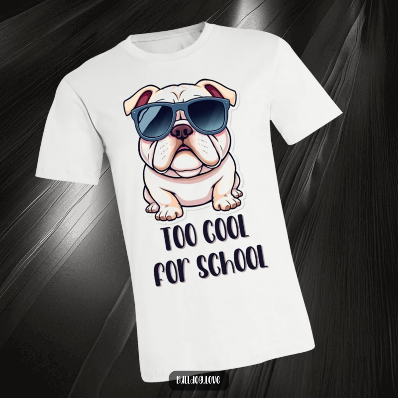 Funny bulldog t-shirt depicting a dog wearing oversized sunglasses, looking incredibly cool, stylish, and effortlessly laid-back.