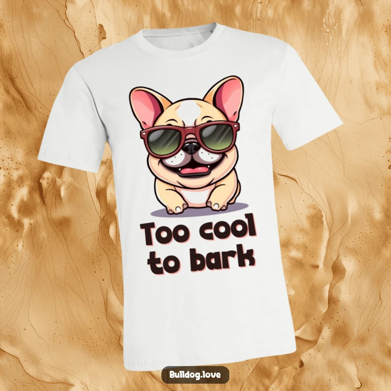 Funny Bulldog T-Shirt: Giggling bulldog with floppy ears and huge sunglasses, looking effortlessly cool and humorous.