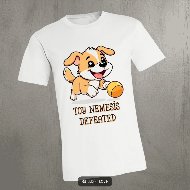 Funny Energetic Dog T-Shirt: Energetic dog with a focused grin actively bounding towards a colorful bouncy toy.