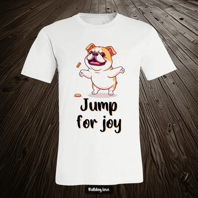 Funny Bulldog T-Shirt: A silly, enthusiastic bulldog caught mid-jump, reaching for a treat with pure excitement. Perfect funny gift.