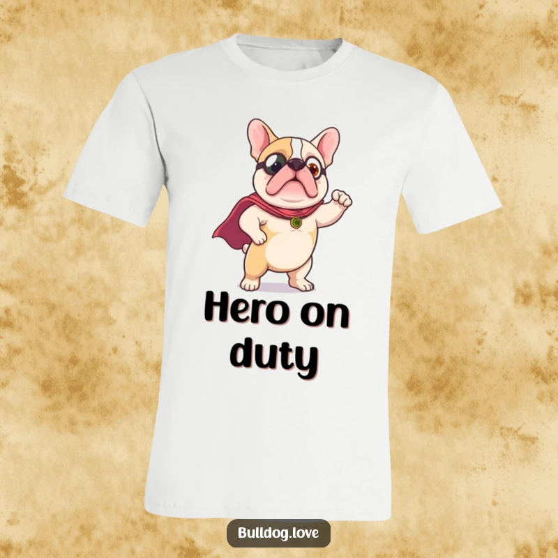 Funny T-Shirt: A charming bulldog wears a tiny cape and strikes a confident, heroic pose, ready for action and laughs.