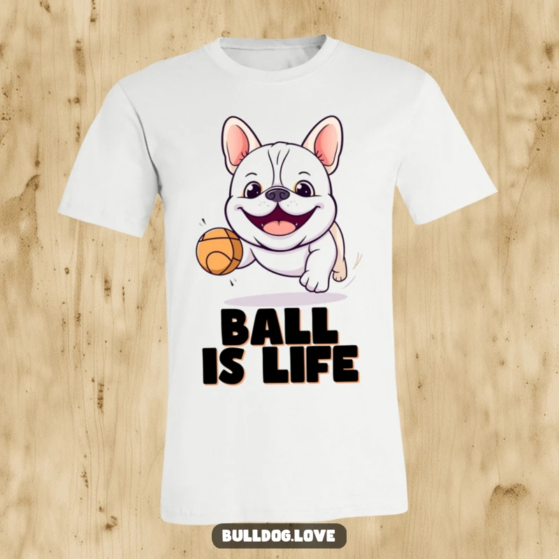 Funny kawaii bulldog t-shirt featuring a wide-grinning dog leaping after a bouncy ball, radiating pure happiness and playful energy.