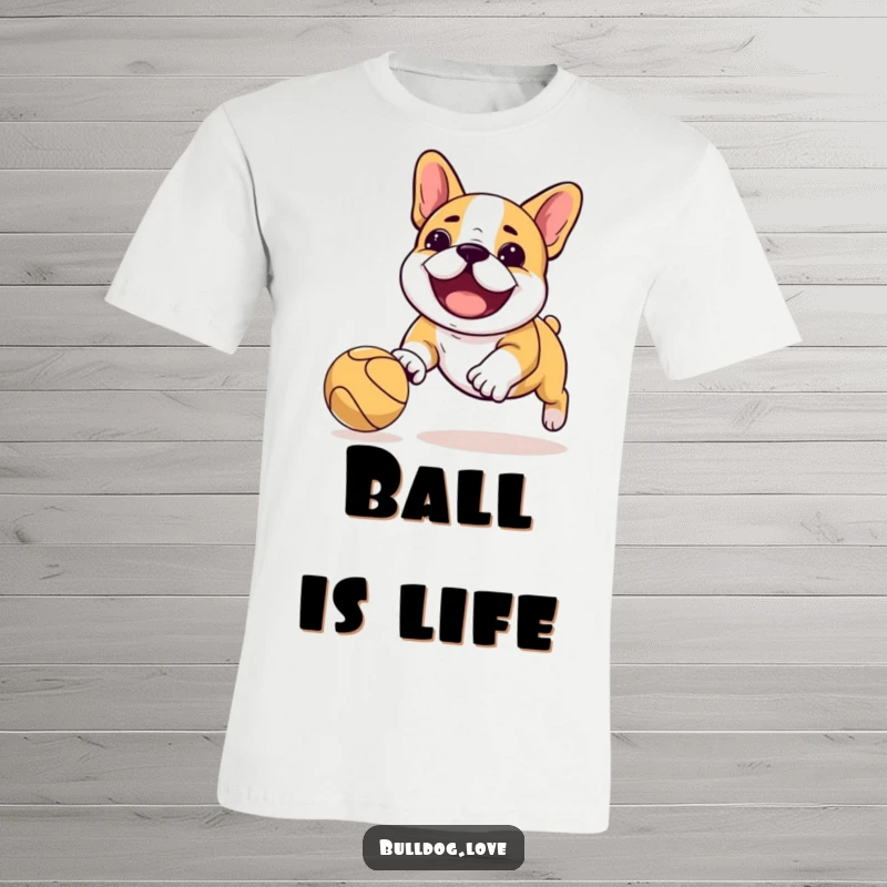 Funny Kawaii bulldog t-shirt featuring a dog playfully chasing a bouncing ball with immense delight and enthusiasm.