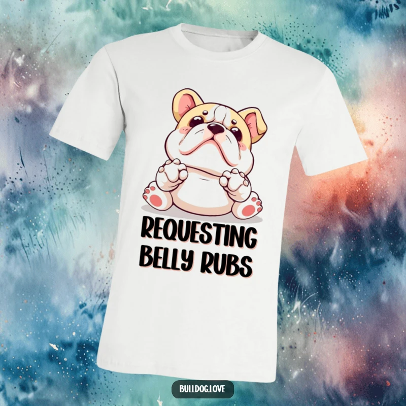Funny Kawaii bulldog t-shirt featuring a dog with paws up, adorably asking for a belly rub, radiating sweetness.