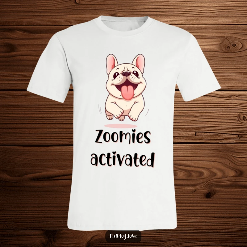 Funny Kawaii Bulldog T-Shirt depicting an excited dog running with its tongue out, perfect for active and fun-loving wearers.
