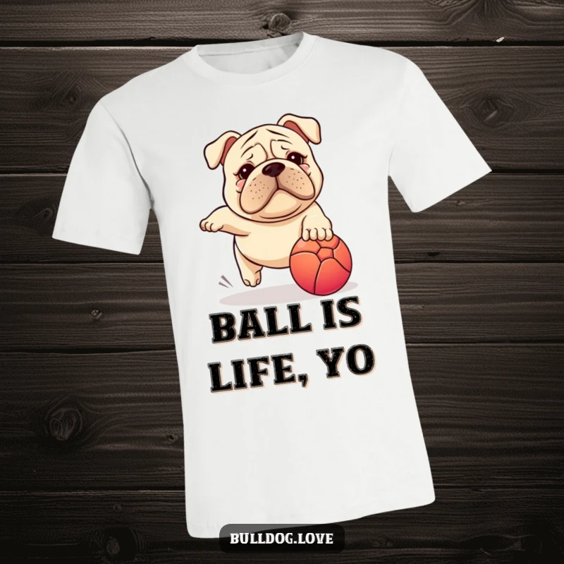 Funny Stocky Dog T-Shirt: Stocky dog with a wrinkled face running with pure excitement after a vibrant ball.