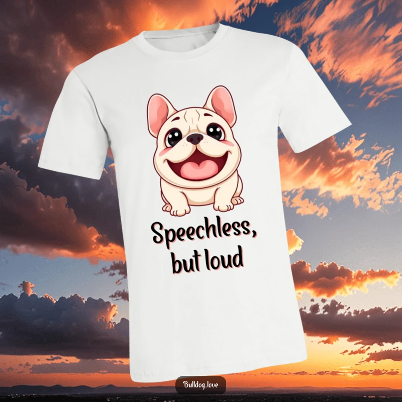 Funny t-shirt featuring a surprised bulldog with wide, expressive eyes, caught in a happy, comical 'woof'.
