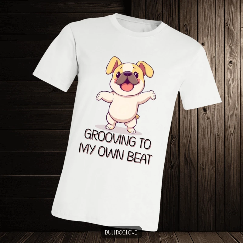 Funny bulldog with floppy ears, dancing energetically with joyful abandon on a comfortable t-shirt, showcasing a free-spirited vibe.