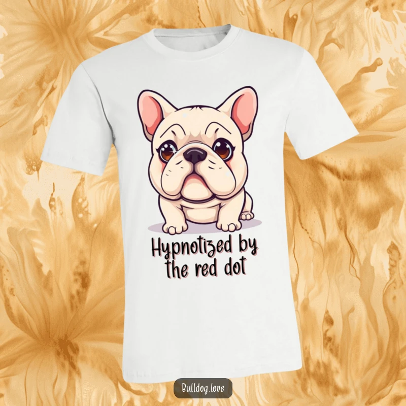 Funny T-Shirt: A cute bulldog with wide, sparkling eyes is hilariously fixated on chasing a red laser dot, a perfect depiction of doggy madness.