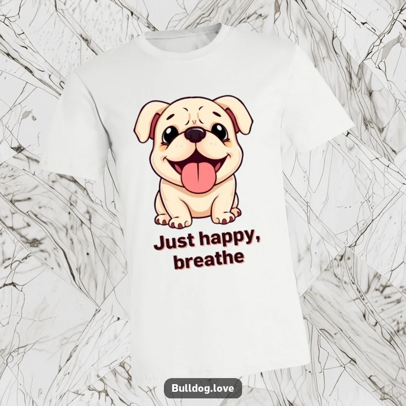 Funny Bulldog T-Shirt: A happy bulldog with floppy ears, panting contentedly with its tongue out. Perfect funny gift.