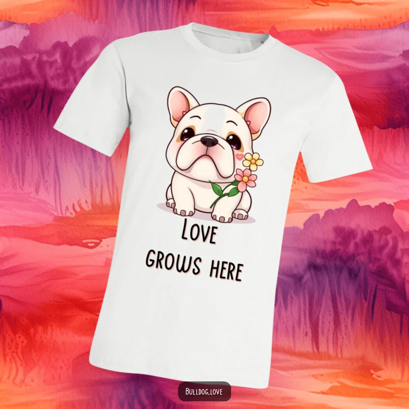 Kawaii bulldog t-shirt showing a sweet, smiling dog gently presenting a beautiful flower.