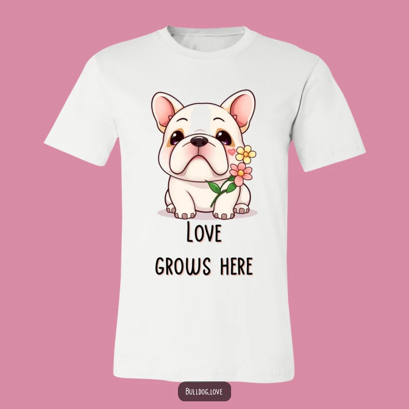 Kawaii Bulldog Flower T-Shirt: Gentle Smile, Adorable Outfit