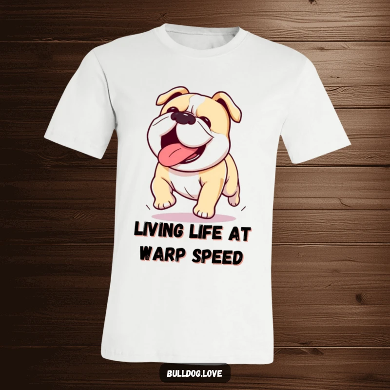Funny Kawaii bulldog t-shirt featuring a dog running with tongue out, capturing unbridled joy and playful energy.