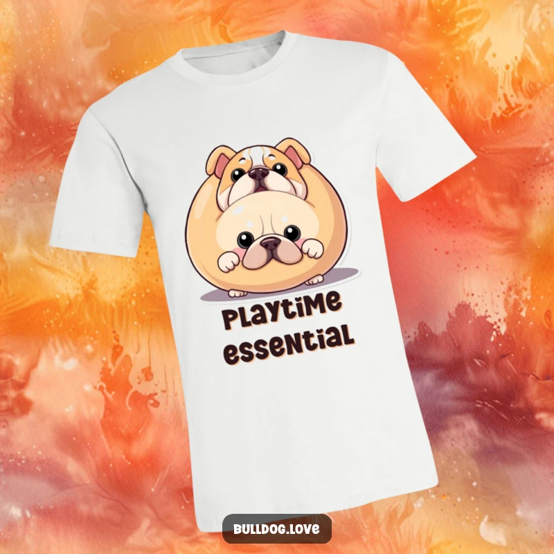 Funny bulldog t-shirt, a dog peeking out from behind an oversized squeaky toy with a mischievous look.