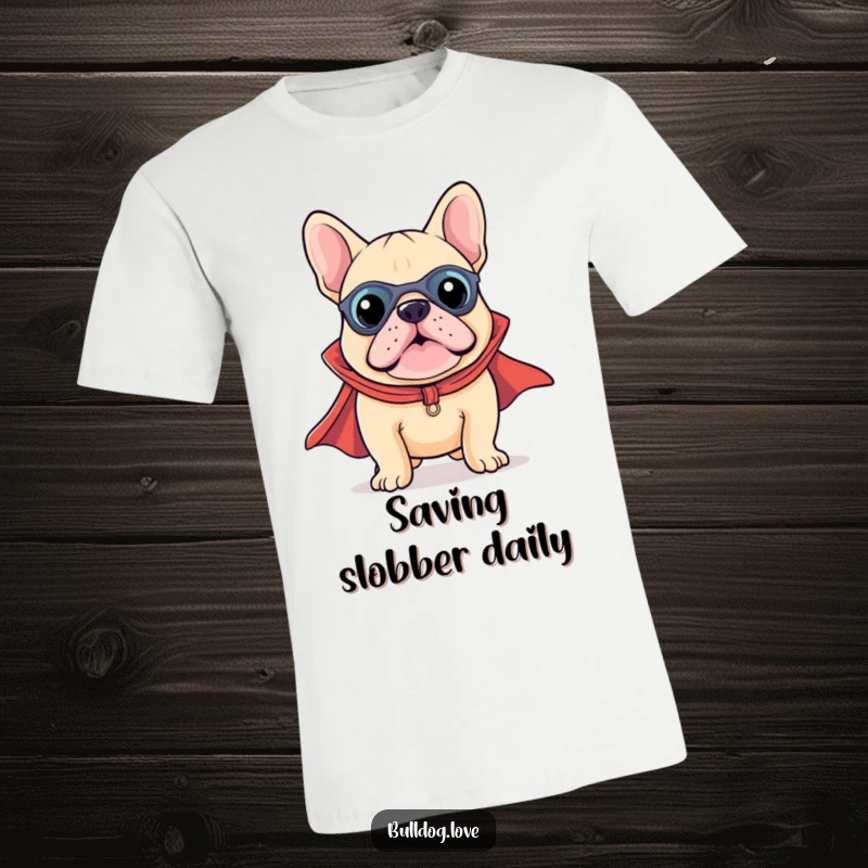 Funny Kawaii Bulldog Superhero T-Shirt with a small dog in a bright cape, exuding courage and cuteness.