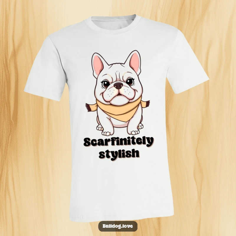 Funny Bulldog T-Shirt: A determined bulldog proudly wears a tiny scarf, showcasing its confident grin and fashionable flair. Perfect funny gift.