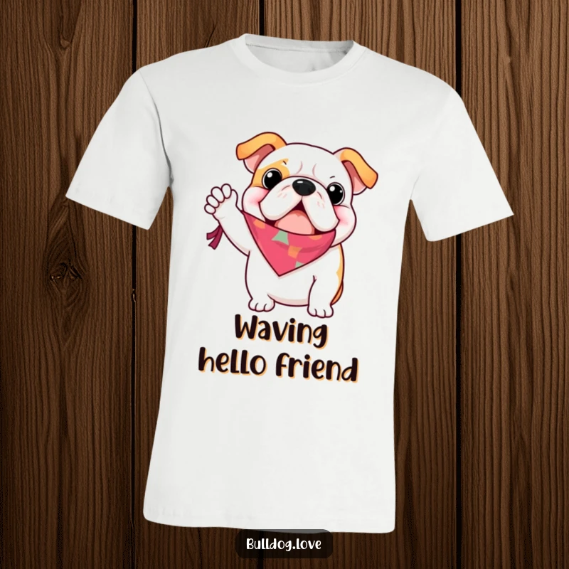 Funny bulldog t-shirt, enthusiastically waving a colorful bandana, radiating pure joy and excitement, perfect for celebrations.