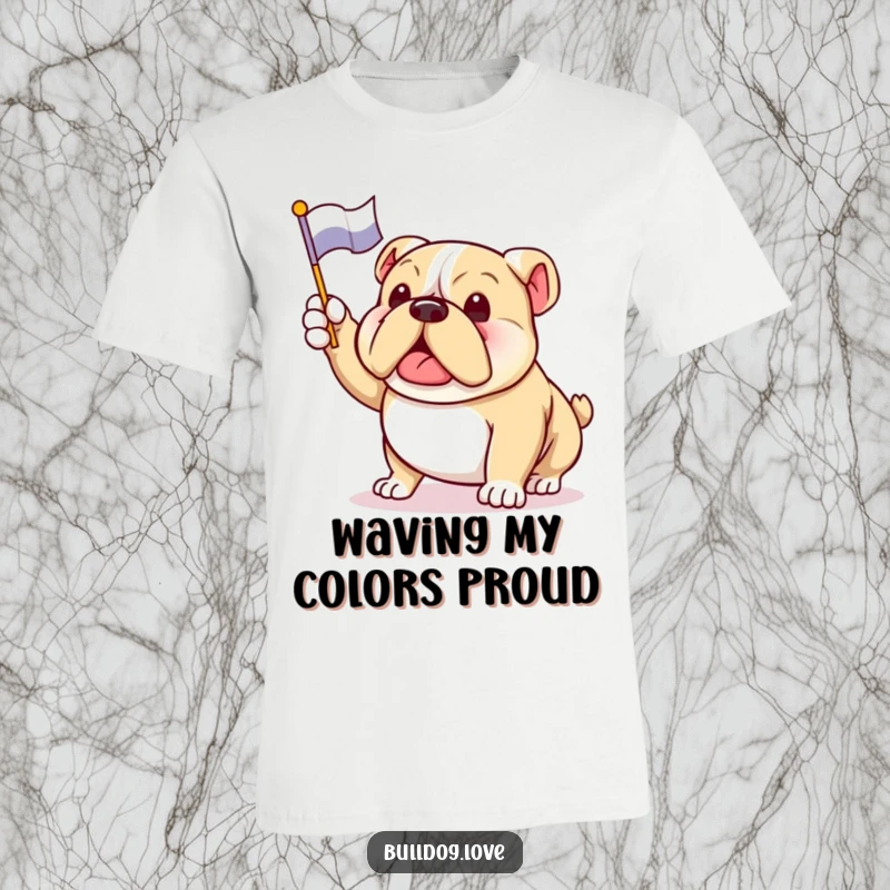 Funny bulldog t-shirt depicting an enthusiastic dog waving a small flag, tail wagging with pure joy and celebration.
