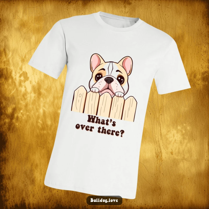 Funny bulldog t-shirt depicting a dog peeking over a fence with very curious and watchful eyes.