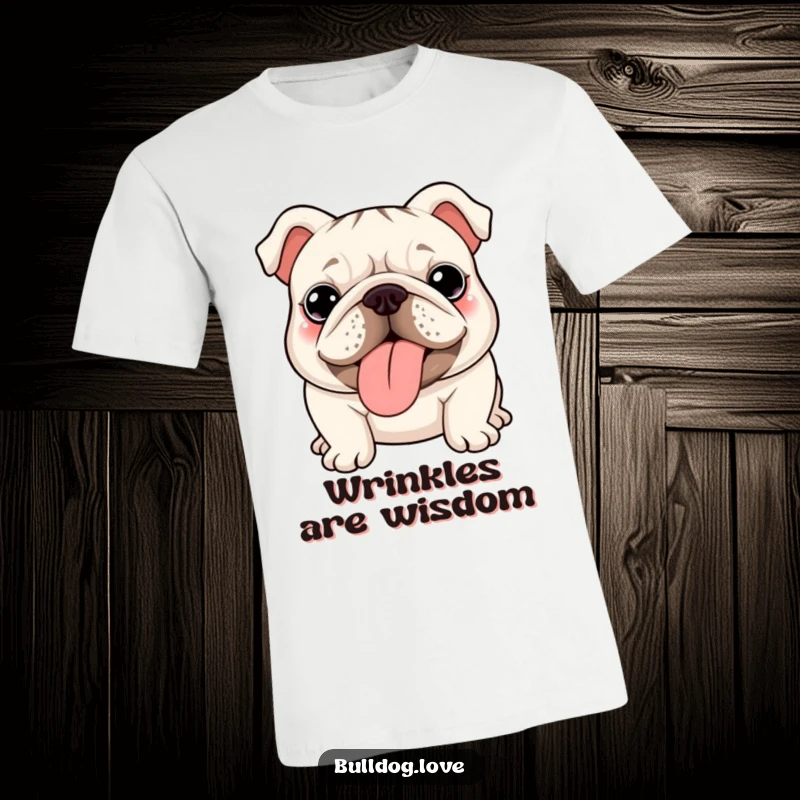 Funny kawaii bulldog t-shirt with prominent wrinkles, tongue playfully sticking out, showcasing pure, unadulterated cuteness.