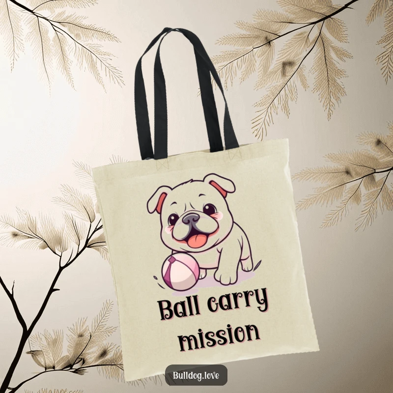 Funny Kawaii Bulldog Tote Bag showing a dog chasing a bouncing ball, perfect for carrying items with a sense of playful joy.