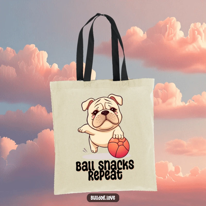 Funny Stocky Dog Tote Bag: Wrinkled face dog intensely focused on a bright ball during a comical chase.