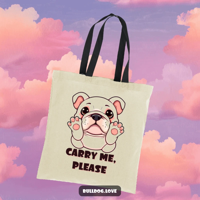 Funny Kawaii Bulldog Tote Bag showing a dog with paws up, asking for a belly rub, perfect for carrying daily items with charm.