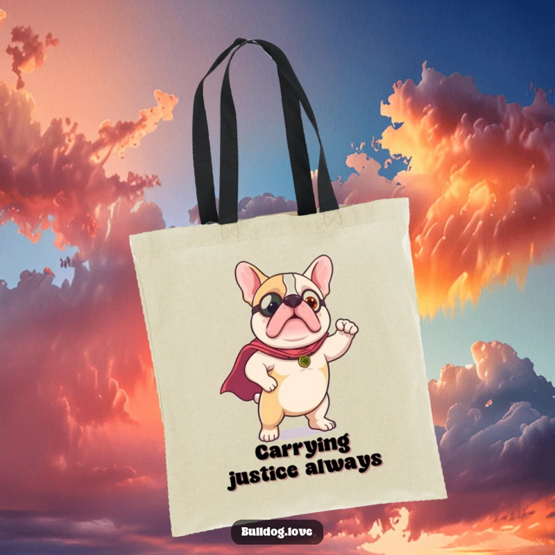 Funny Tote Bag: A cute bulldog is depicted wearing a tiny cape and striking a heroic pose, embodying canine courage.