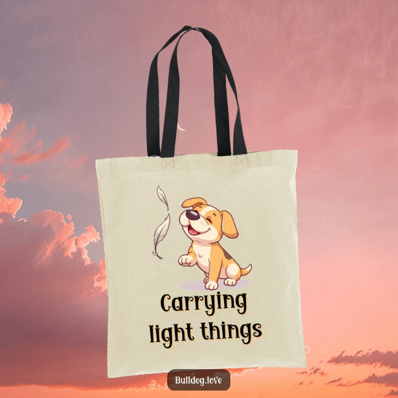 Funny Broad Snout Dog Tote Bag: Dog with a broad snout looking up, playfully batting at a floating feather.