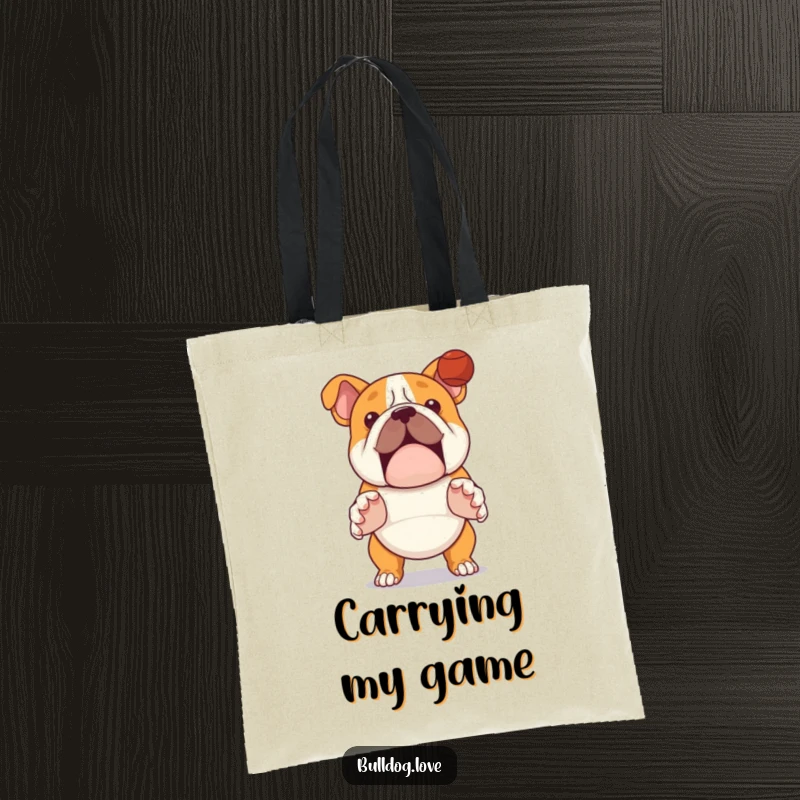 Funny bulldog tote bag, practical and sporty, featuring a dog with paws ready to catch a ball.