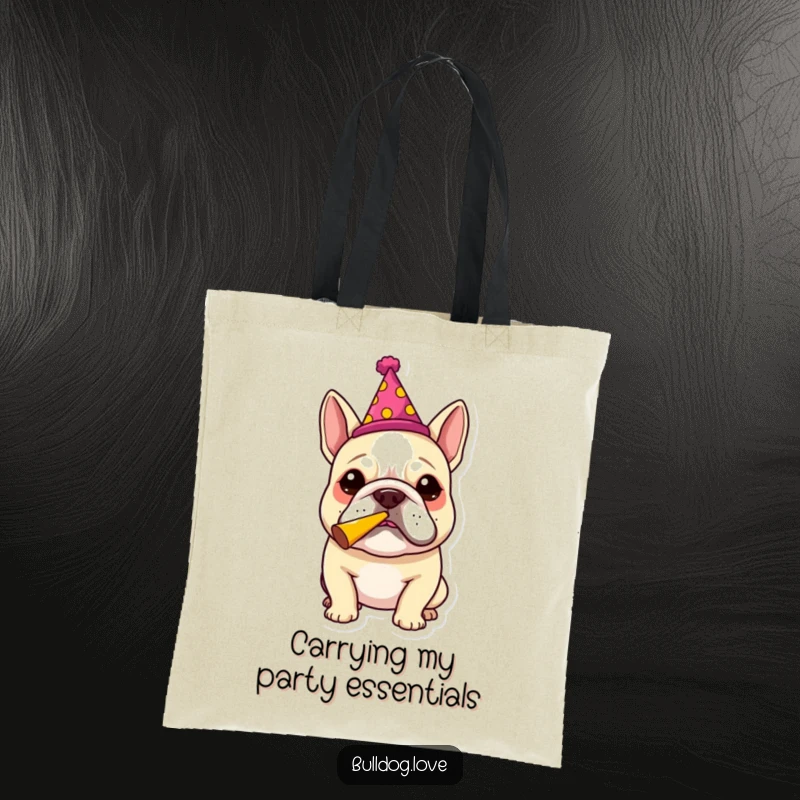 Funny bulldog in a party hat blowing a party horn, featured on a durable tote bag, ready for amusing errands and adventures.