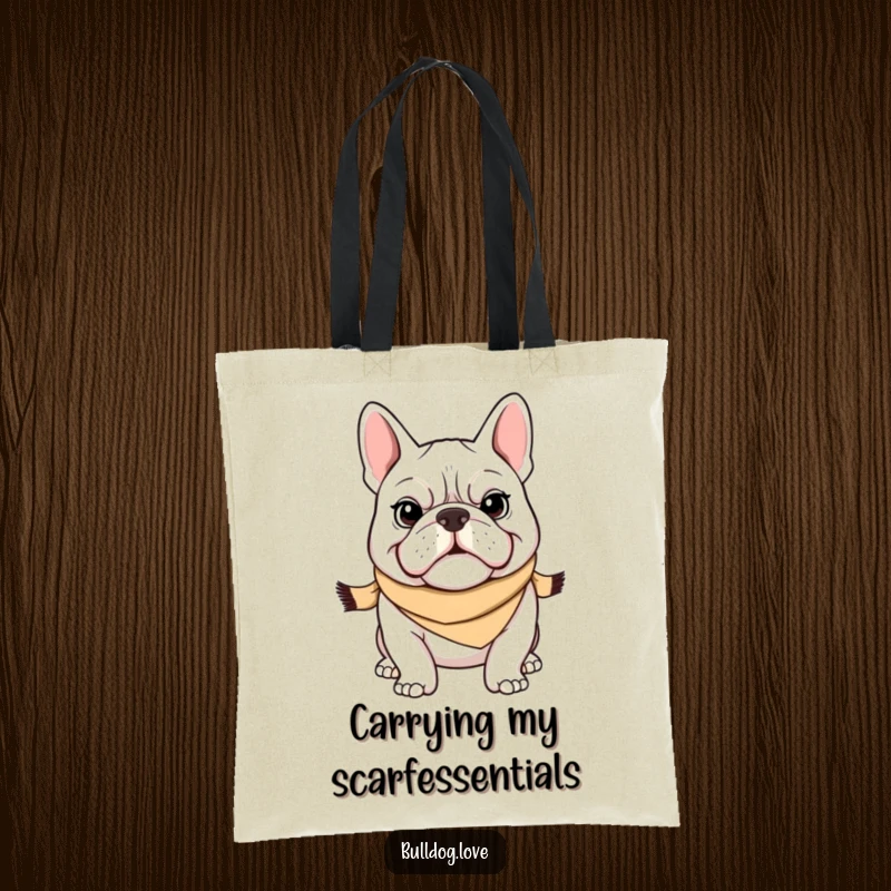 Funny Bulldog Tote Bag: A determined bulldog sports a stylish scarf, ready for errands with a confident grin. Excellent funny gift idea.