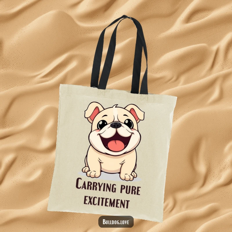 Funny Kawaii Bulldog Tote Bag featuring a dog with a furiously wagging tail, perfect for carrying happy items.