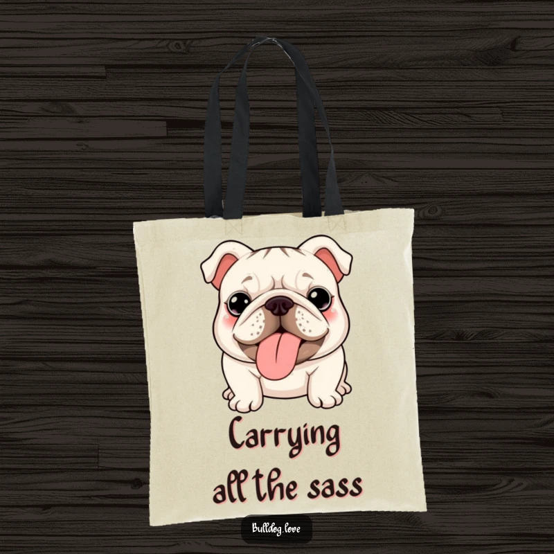 Funny kawaii bulldog tote bag, practical and stylish, featuring a cute wrinkly dog showing its tongue proudly.