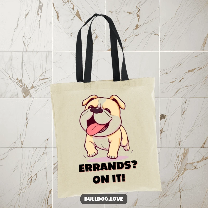 Funny Kawaii bulldog tote bag featuring a happy dog running with its tongue out, perfect for carrying everyday items with style.