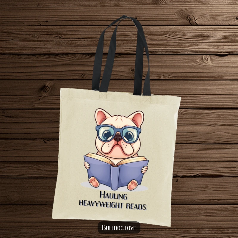 Funny bulldog tote bag showing a bulldog in oversized glasses reading a large book, ideal for carrying books with scholarly style.