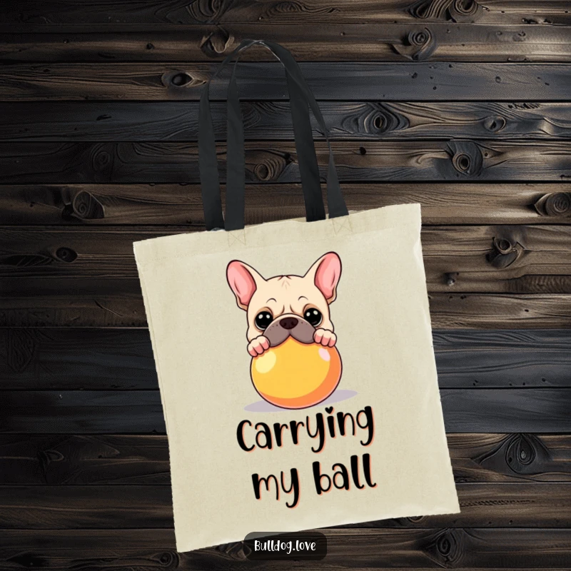 Funny Bulldog Tote Bag: A bulldog peeking over a large, colorful ball, ready for any adventure. Excellent funny gift idea.