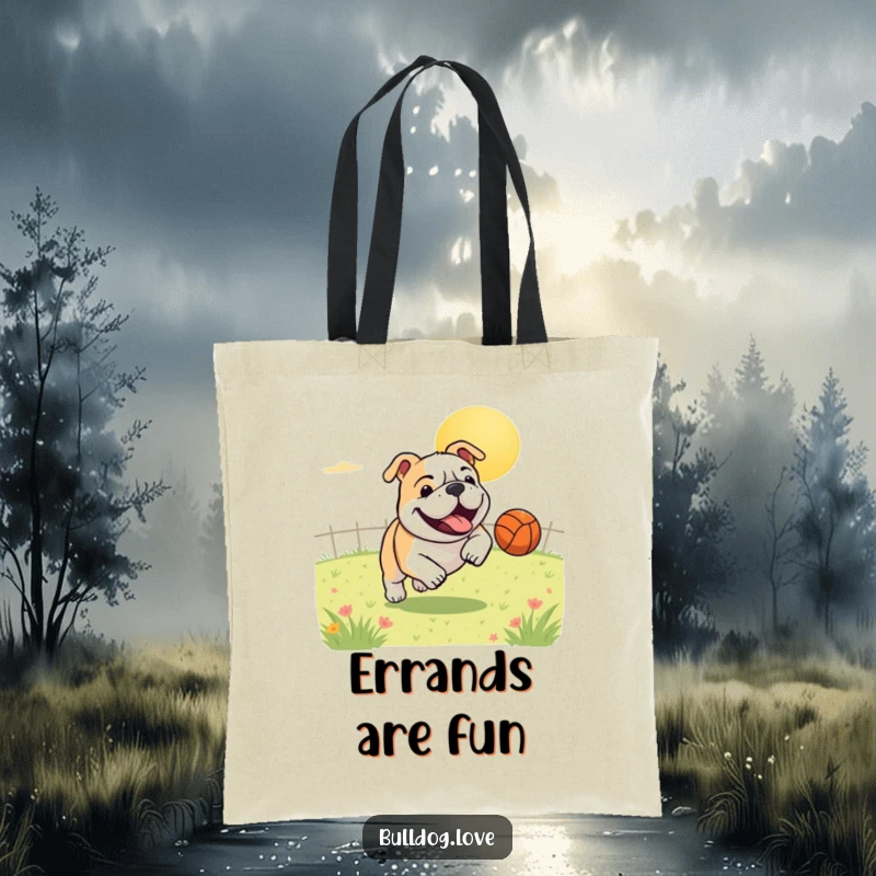 Funny tote bag design showing a gleeful bulldog mid-chase, leaping after a bouncing ball in a bright, sunny field, full of energetic delight.