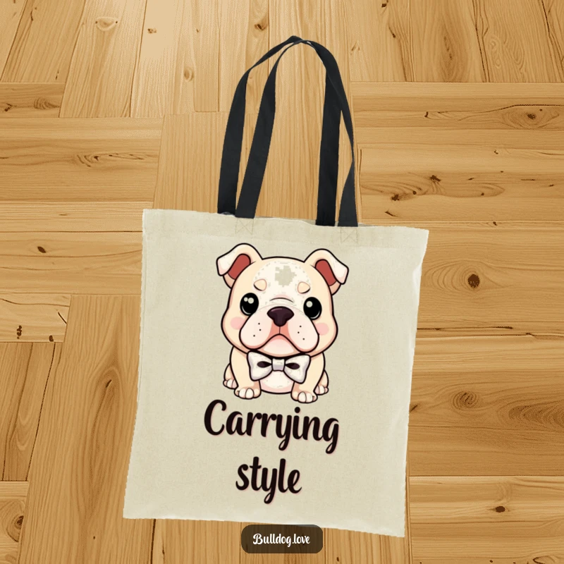 Funny tote bag design showing a distinguished bulldog wearing a small bowtie, a confident smirk playing on its lips, ready for any occasion.