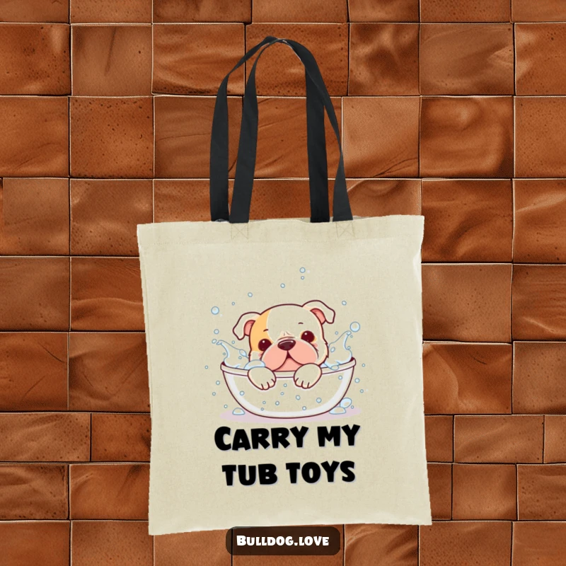 Funny bulldog tote bag, splashing happily in a bubble bath, showcasing playful joy, ideal for shopping trips.
