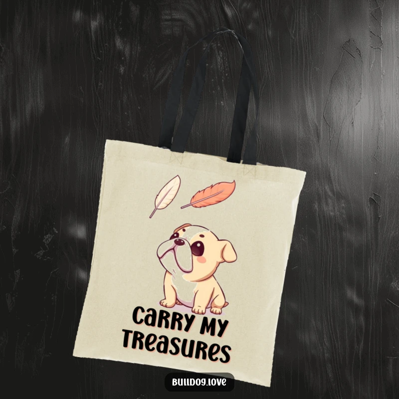 Funny bulldog tote bag, looking upwards with pure adoration at a delicate floating feather, perfect for everyday use.