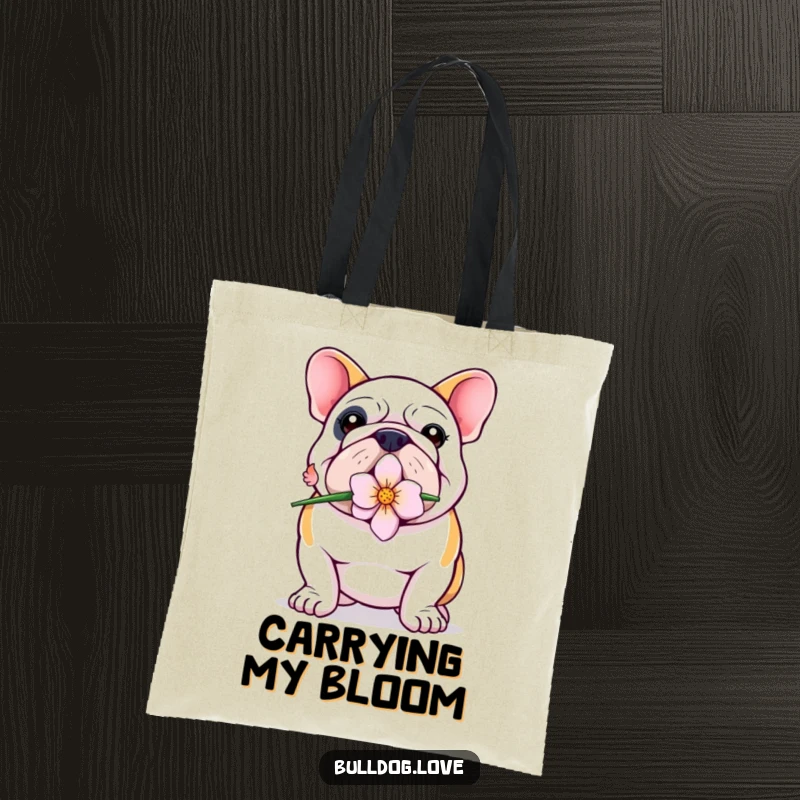 Funny Bulldog Tote Bag: A proud bulldog with a flower in its mouth, embodying grace and sweetness.